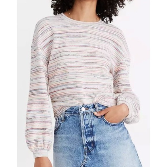 Madewell Balloon Sleeve Cropped Crewneck Top Sz S Rainbow Stripe Bubble Sleeve - Picture 9 of 11